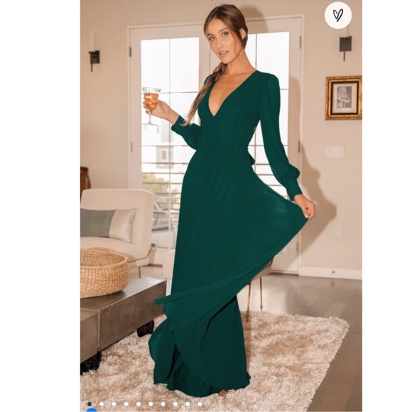 Lulus Hunter Green Long Sleeve Plunge Neck Maxi Dress XL Tie Back Formal Evening - Picture 3 of 9